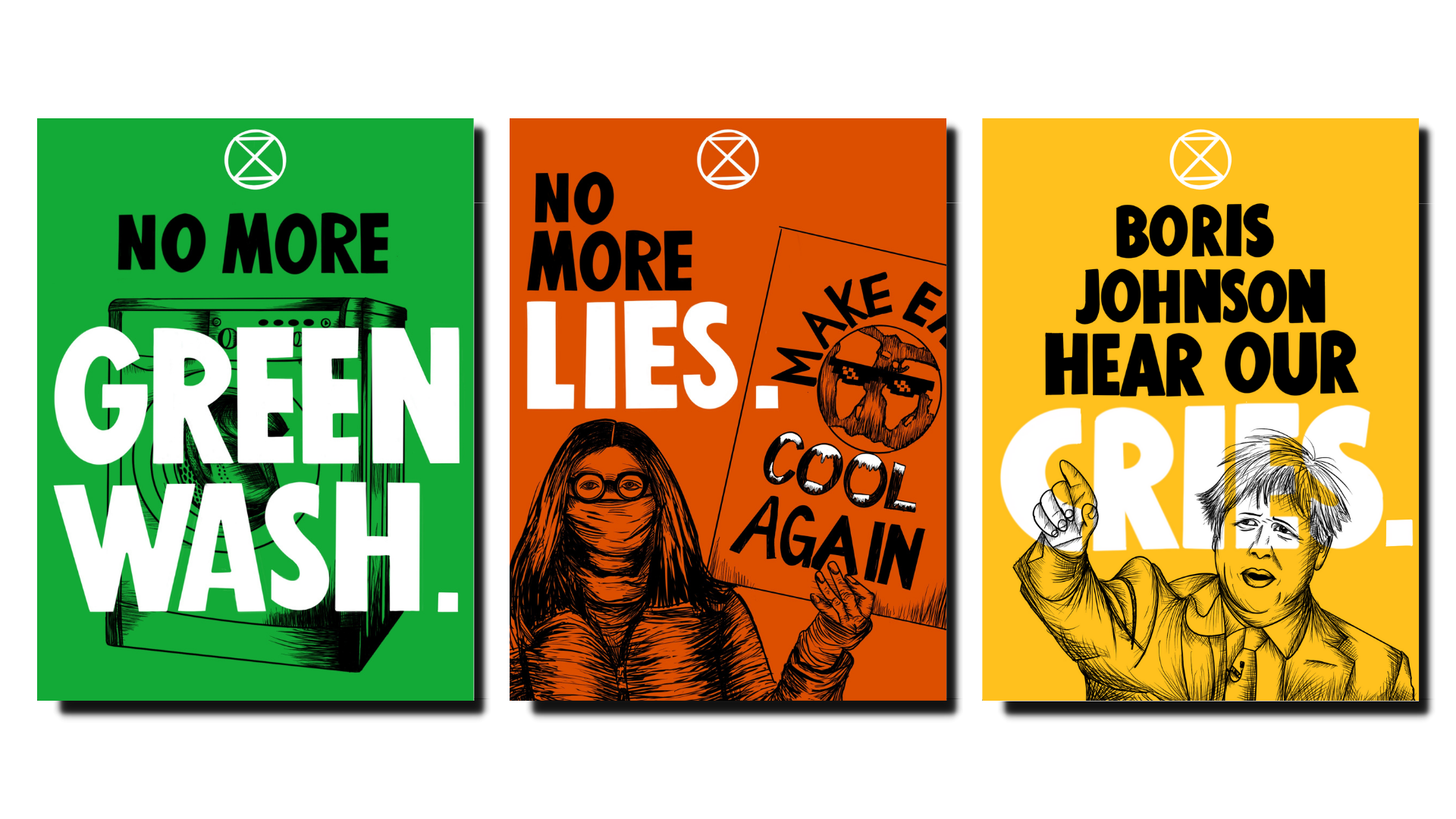 3 posters created in the style of extinction rebellion featuring bright backgrounds and sketches of thick black line work in traditional wood carving style