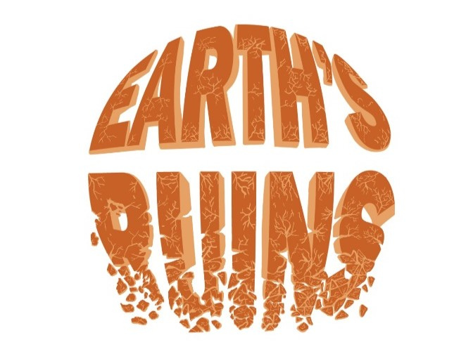 A 3D logo which reads 'Earth's Ruins' in an orange colour with a dark orange drop shadow. The bottom half of the word 'ruins' is crumbling off the bottom. The rest of the text features a cracked pattern.