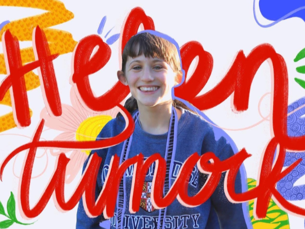 Landscape illustration of Helen, a white female with brown hair and wearing a blue jumper, with calligraphy style text in red which reads Helen Turnock. Around her is different squiggles and doodles in the primary colours.