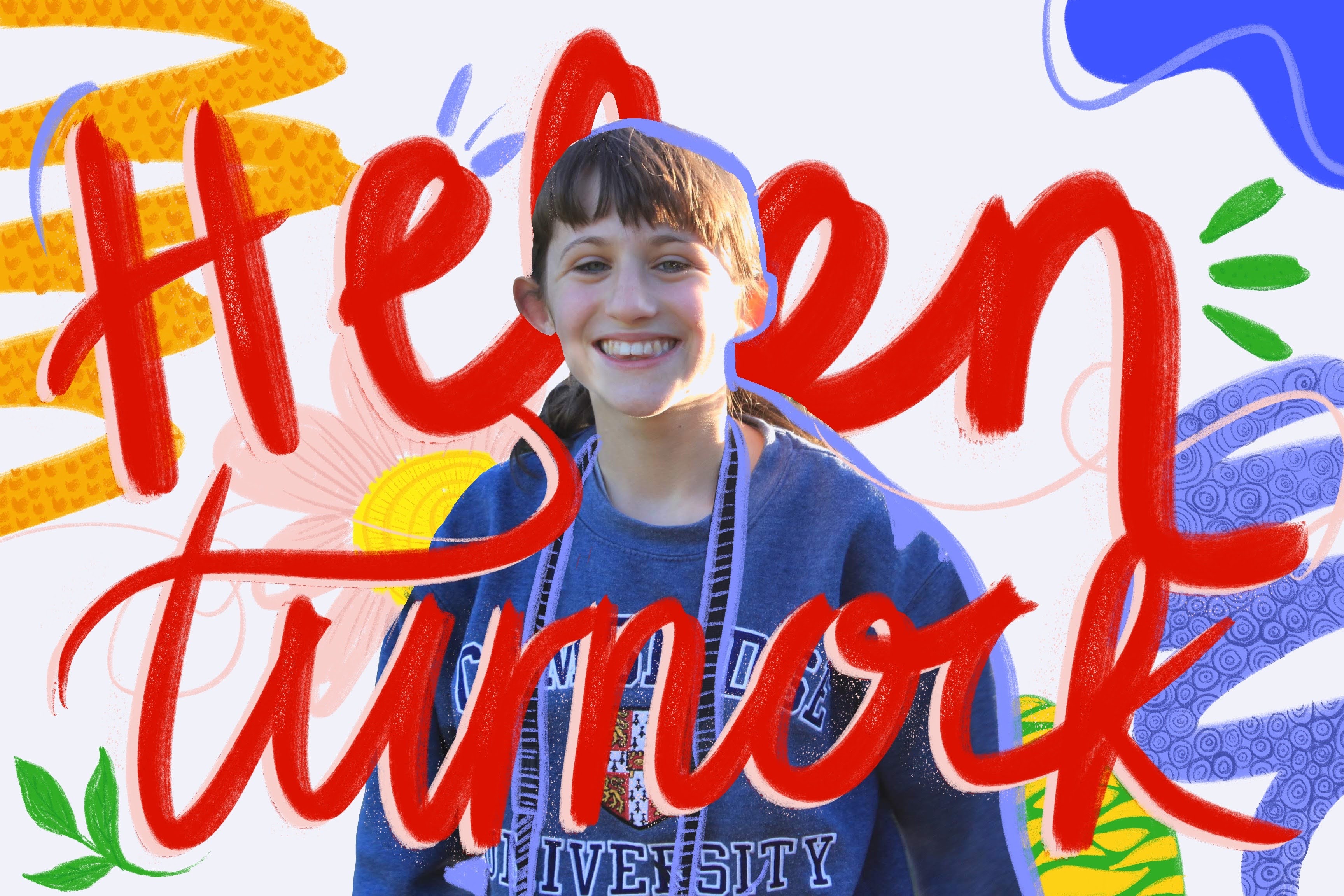 Landscape illustration of Helen, a white female with brown hair and wearing a blue jumper, with calligraphy style text in red which reads Helen Turnock. Around her is different squiggles and doodles in the primary colours.