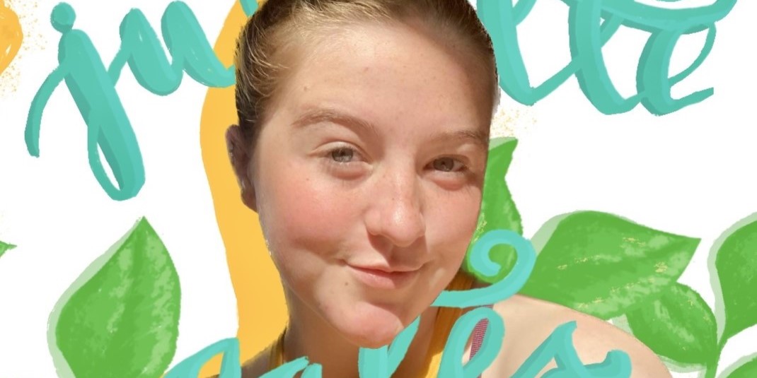 Image of Juliette, a white fem person wearing a yellow halterneck top is seen similing into the camera. Around them are green Pothos leaves and their name is written in a calligraphy style font in a teal colour. They have a bright golden yellow line around them and yellow squiggles on either side of the image. The background colour of the image is white.