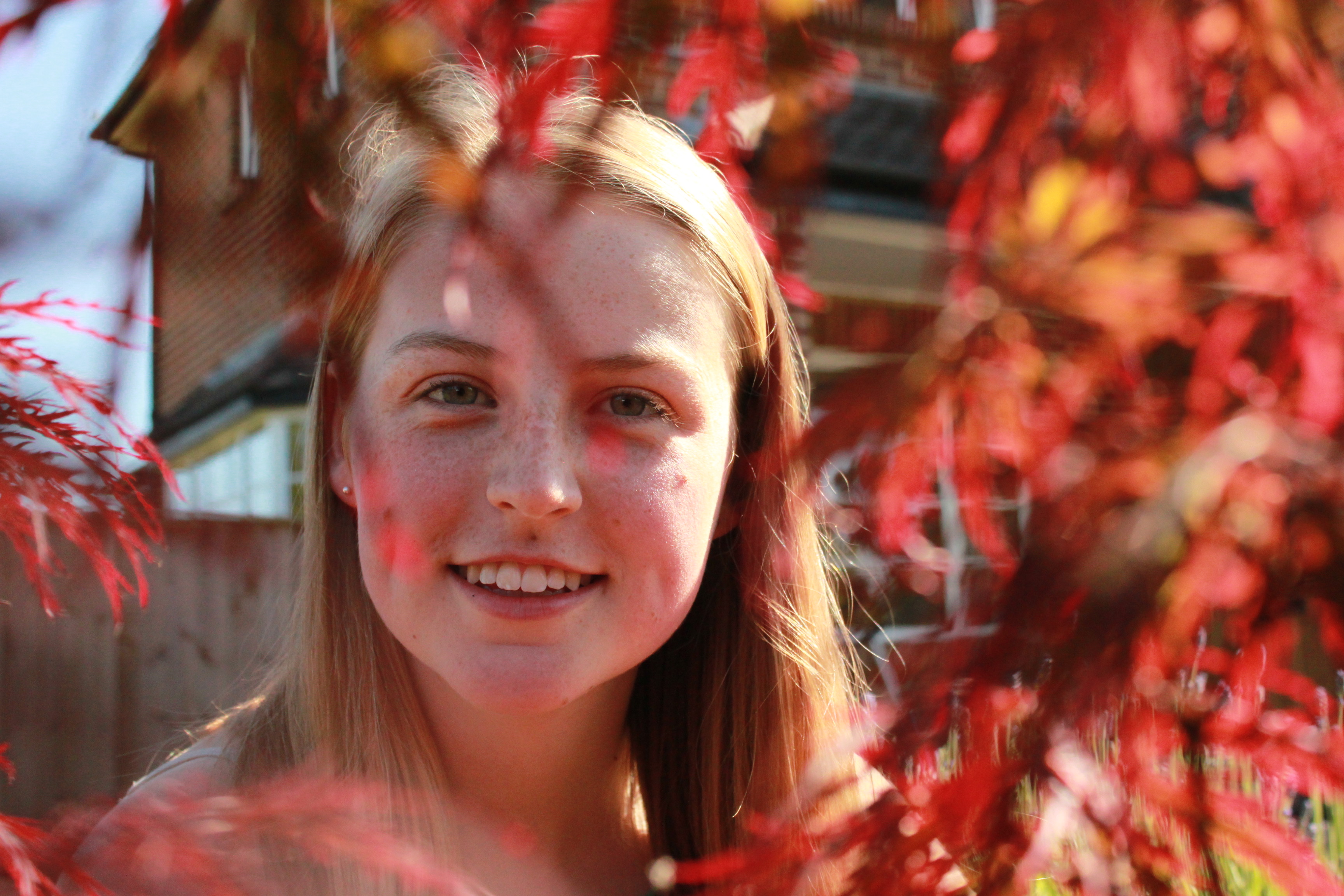 an image of a white teenager with freckles who is looking into the camera with red acer leaves framing the lens.