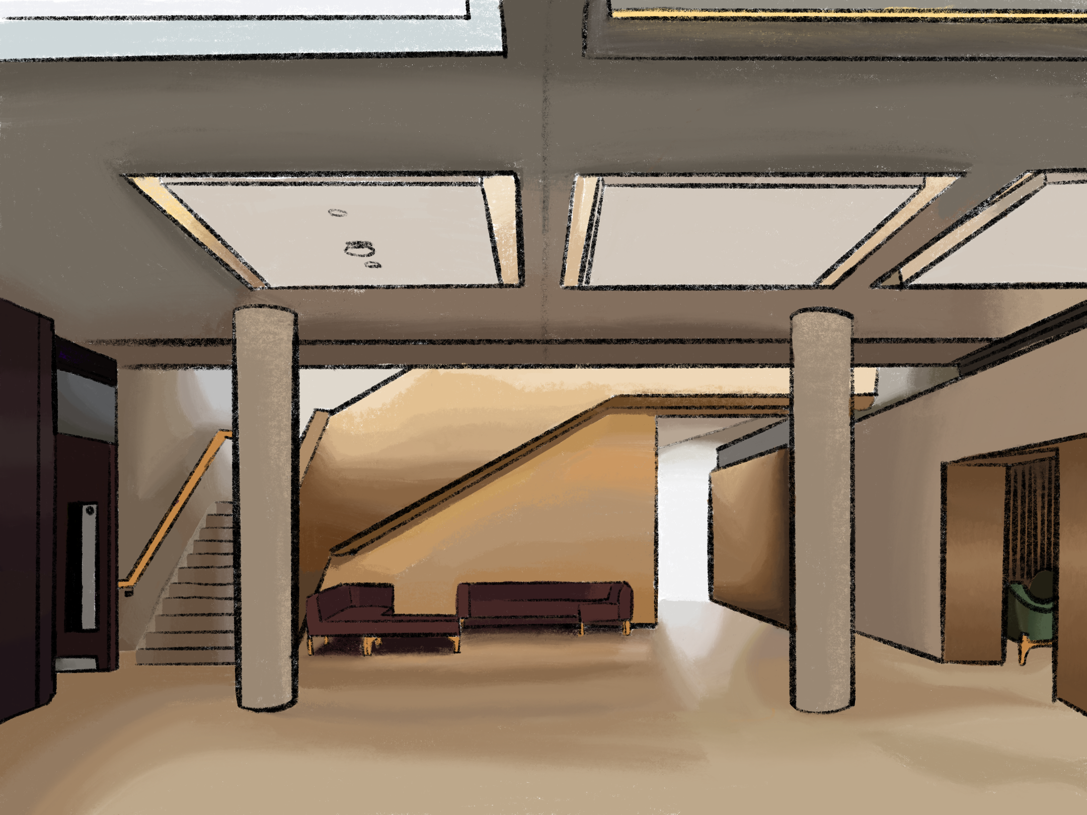 Digital drawing of the west downs entrance section at the university of Winchester's west downs center.