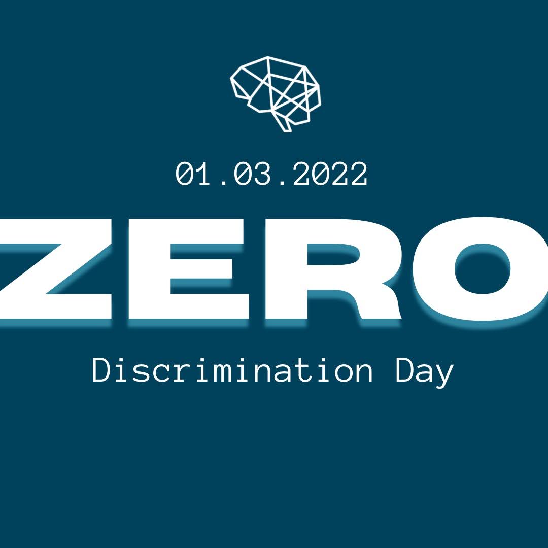 Dark navy blue background. Centred in at the top is our logo- a white, geometric line art brain. Underneath the logo is text which reads, ‘01.03.2022’ in a typewriter font. Under this is ‘ZERO’ written in large, white, all caps and a bold font, with a light blue shadow behind it. Under this is, ‘discrimination day’ written in the same typewriter font.