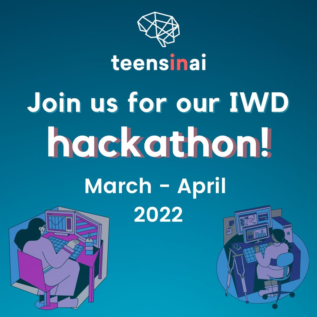 In the centre of the top is our geometric brain logo. Underneath this is written the text 'Join us for our IWD hackathon!'. This is all in white apart and the word hackathon has a muted red shadow behind it. In the left-hand corner is a person with long black hair sat in front of 2 computer screens. The colour scheme is magenta and bright blue. In the centre of the two images is the text 'March- April 2022' in a bold white font. On the right of this text is another cartoon image. This one is of a person sitting on a swivel chair in front of two computers stacked on top of each other and a console positioned to the right of the screens. The colour scheme is overall much more muted colours and features the same pastel purple in the other image as well as a navy blue and the same bright blue as at the bottom of the gradient of the background. On the computer screens are various graphs and charts. On the left of the keyboard is a pair of crutches. The person has long black hair that's worn in a ponytail with hairbands sectioning off the hair at various points and has olive-toned skin and is wearing a lilac dress with a thick blue belt around the middle and is sitting on a bright blue chair.