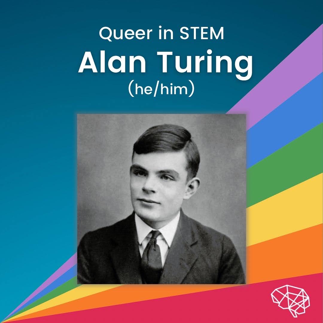 Centred at the top of the slide is the text, ‘Queer in STEM’ written in our white, basic font. Underneath this is ‘Alan Turing’ written in bold white font with a black, blurred shadow behind. Below this is ‘(he/him)’ written in the basic white font again. Underneath this text is a picture of Alan- a white man with a short slicked back hair which combs over to the left of the image. He is wearing a black blazer, black jumper and black tie with a white shirt. The picture is in black and white with a white glowing grey shadow behind the picture. Behind this is a rainbow triangle with the point of origin being the left-hand corner and then the lines of the rainbow work their way upwards to the right-hand side of the slide. The colours start with a lilac purple at the top, bright blue, mossy green, golden yellow, bright orange and then a slightly muted red at the bottom, with our logo of the white geometric line art brain in the bottom right-hand corner.