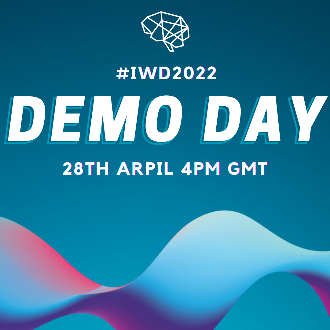 '#iwd2022 demo day, 28th April 4pm BST' with a 3D wavy shape graphic with a pink and blue gradient.