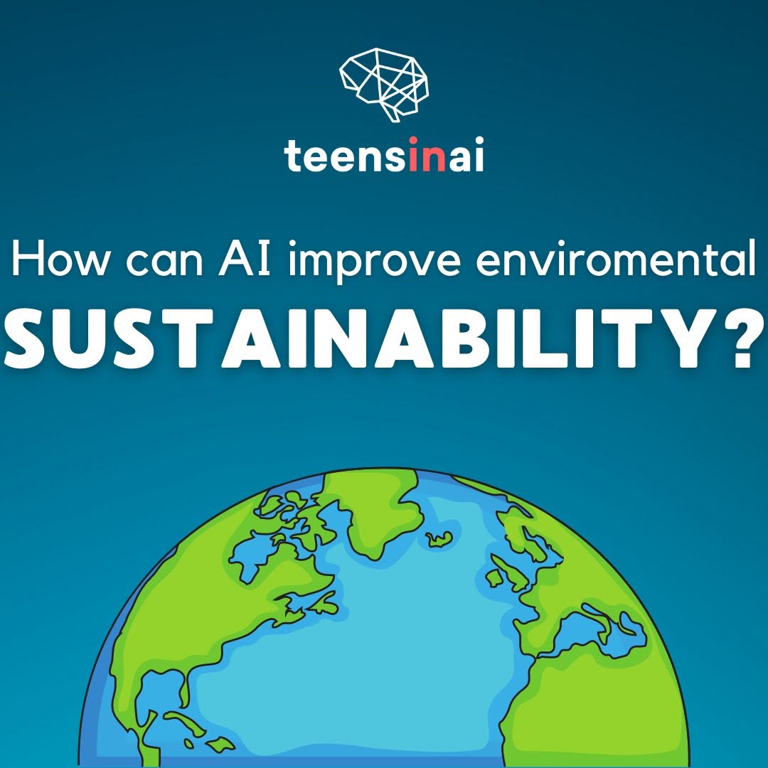 Background: gradient from dark to light blue. In the top of each slide is our logo, and (on all but the first slide) there is a faded globe icon behind. Text- body font is a simple white font and titles are in a curved, all caps font, which has a dark shadow behind. ’How can AI improve environmental sustainability?’. Under this is a large icon of a globe in vibrant green and blue.