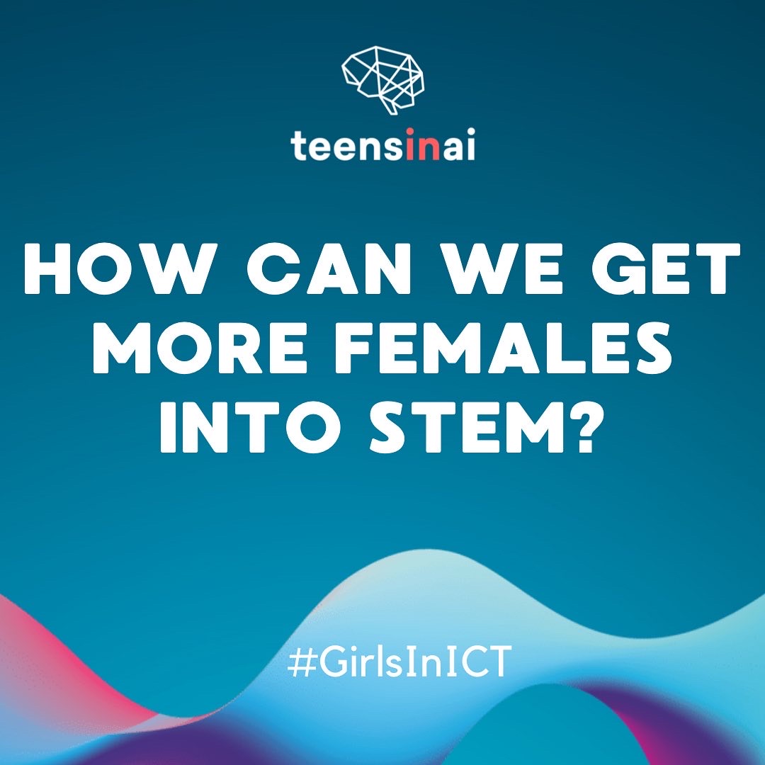 Background: gradient from dark to light blue with a 3D wavy shape at the bottom of the slides (on all but the first and last, its reduced transparency). The logo is centred at the top. Underneath is 'how can we get more females into STEM' in all caps and a rounded font.