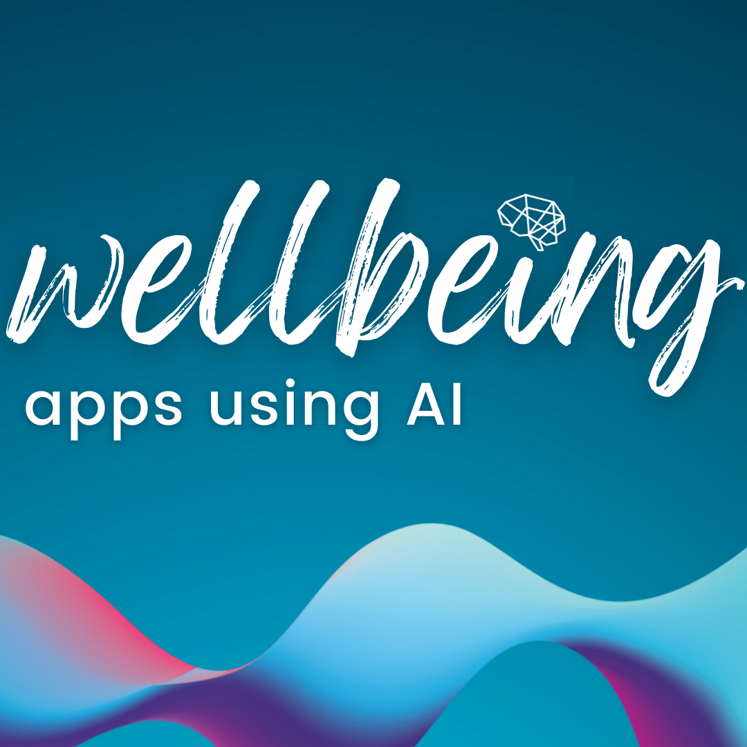 Background of slides is a gradient going from dark to light blue with a 3D wavy shape at the bottom of each slide. ‘Wellbeing’ is written in a calligraphy style font, with the dot on the top of the ‘I’ being our white logo. Under this is ‘apps using AI’.